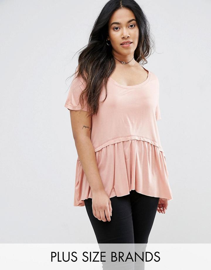 Brave Soul Plus T-shirt With Frill Hem - Pink