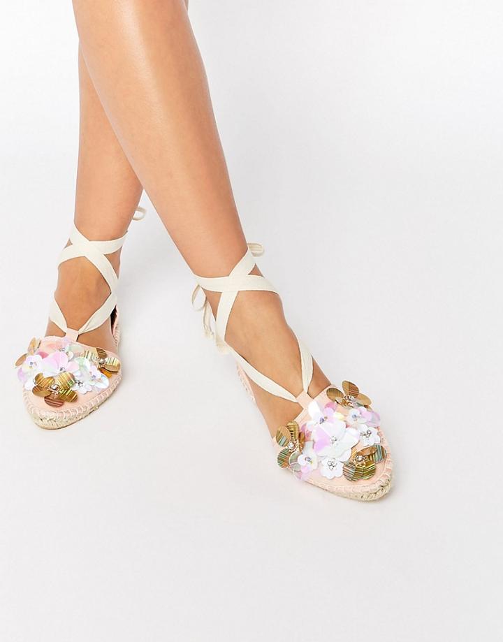 Asos Janelle Embellished Tie Leg Espadrilles - Apricot