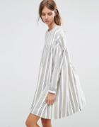 Asos Long Sleeve Smock Dress In Natural Stripe - Multi