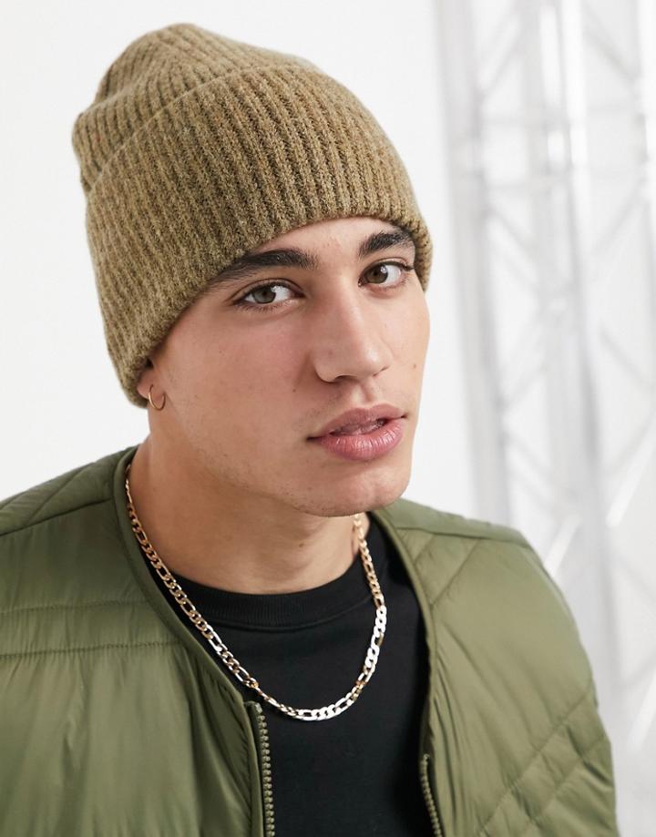 Asos Design Oversized Fisherman Beanie In Khaki Twist-green