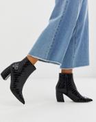 Office Aloud Pointed Block Heel Ankle Boots In Black Croc