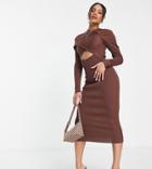 Missguided Cross Front Cut Out Knitted Midi Dress In Chocolate-brown