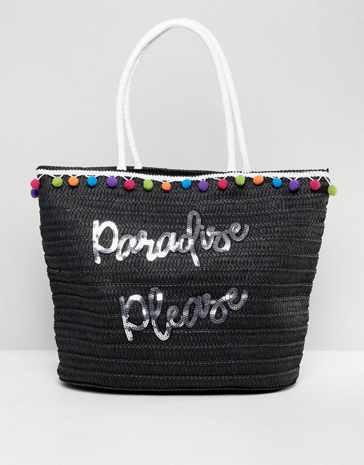 7x Slogan Straw Beach Bag - Black