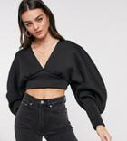 True Violet Exclusive Plunge Balloon Sleeve Crop Top In Black