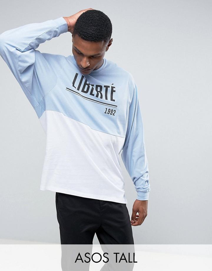 Asos Tall Super Oversized Batwing Long Sleeve T-shirt With Liberte Print And Panelling - Blue