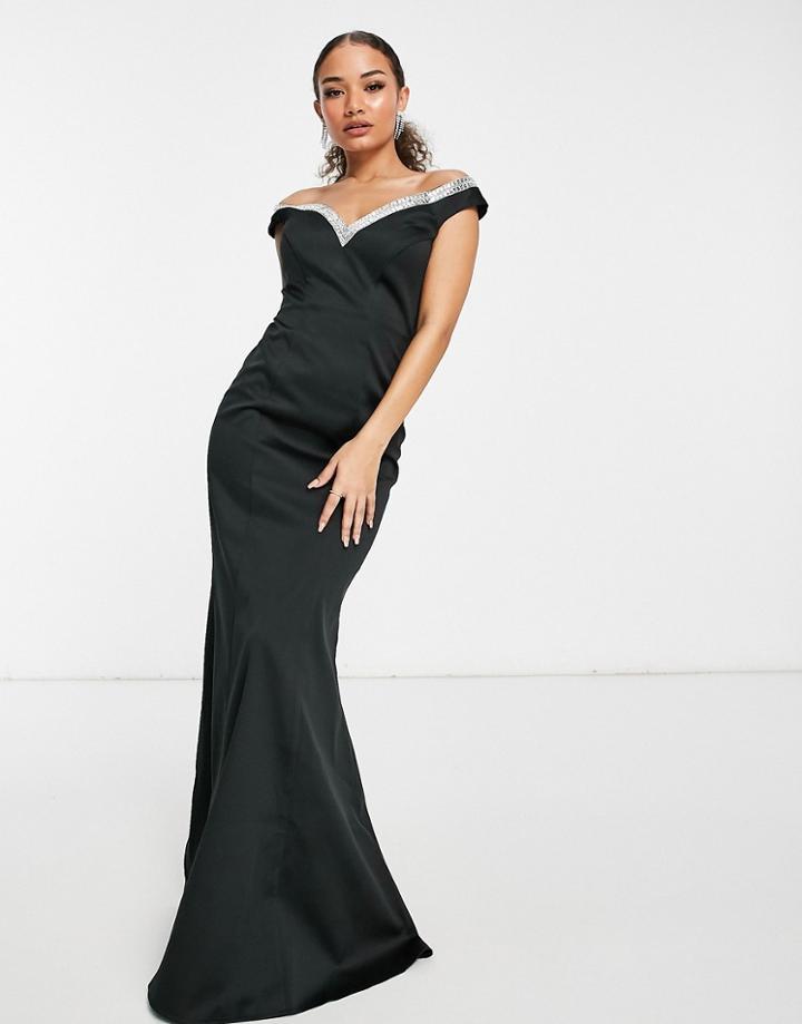 Goddiva Embellished Bardot Fishtail Maxi Dress In Black