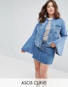 Asos Curve Denim Jacket With Rips And Fluted Sleeve - Blue