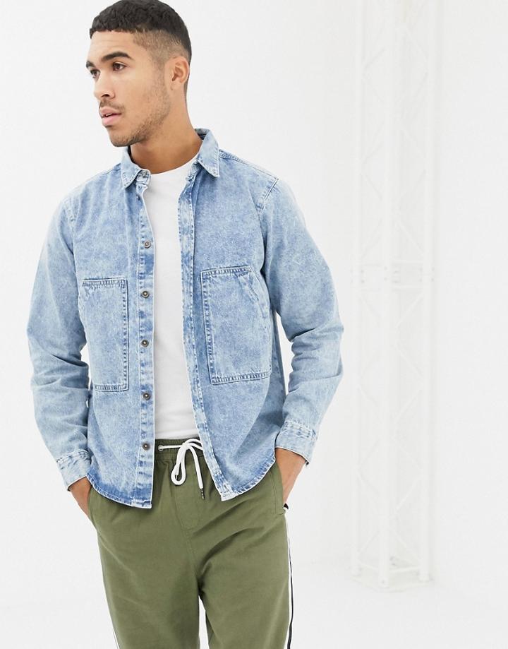 Boohooman Oversized Denim Shirt In Blue Wash - Blue