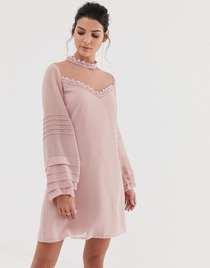 Little Mistress Long Sleeve High Neck Shift Dress - Pink