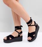 Raid Wide Fit Alma Black Flatform Ankle Tie Sandals - Black