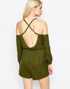 Daisy Street Romper With Cold Shoulder And Open Back - Khaki