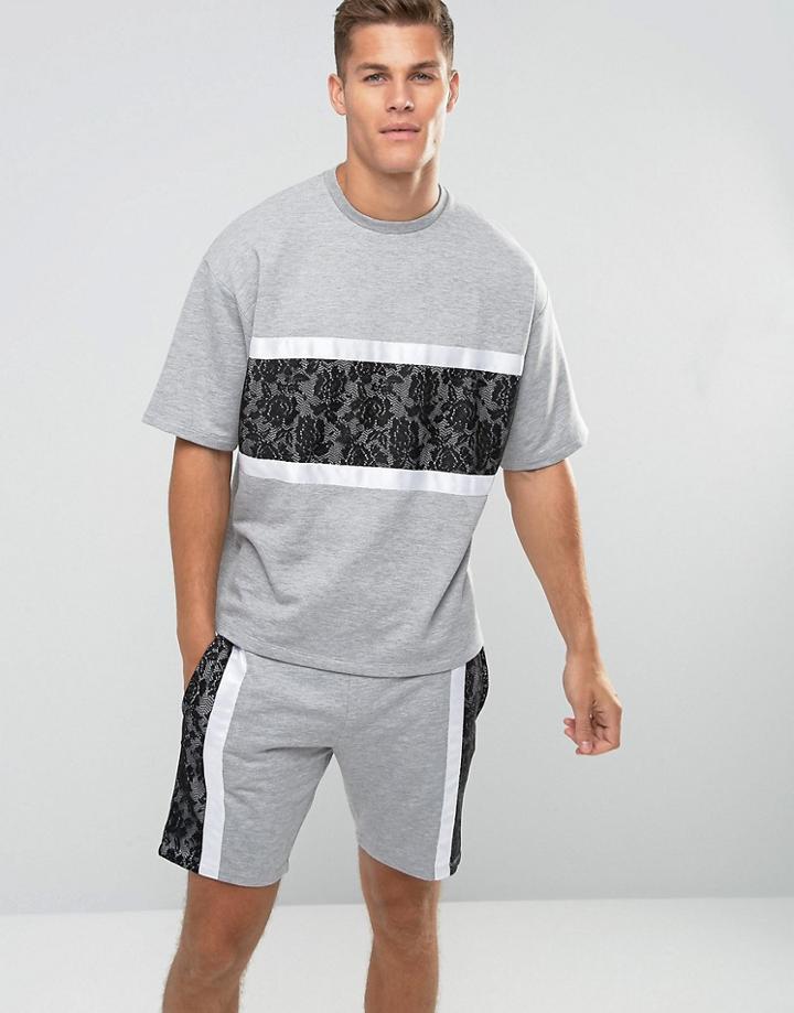 Asos Oversized Short Sleeve Sweatshirt With Lace Panel - Gray