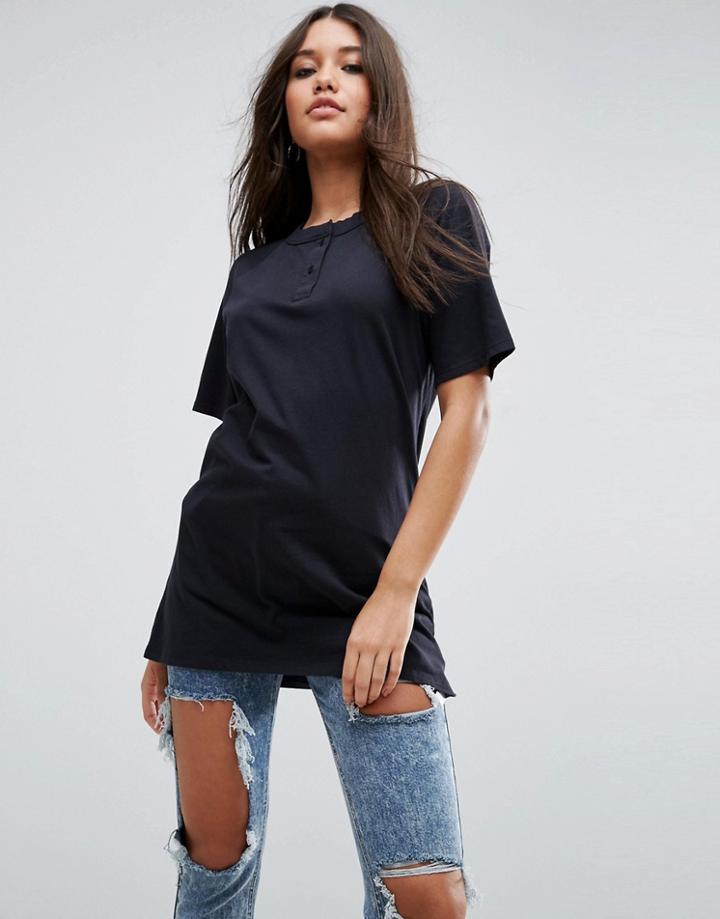 Asos T-shirt With Button Neck In Washed Oversized Fit - Black
