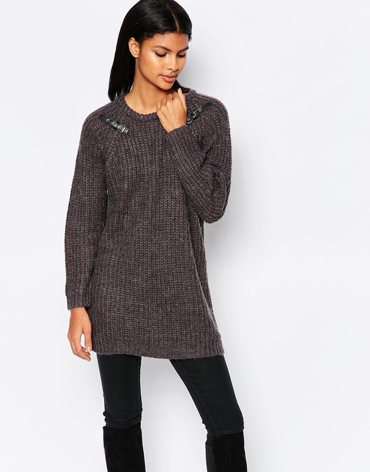 Brave Soul Chunky Knit Sweater With Buckle Detail - Gray
