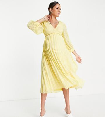Asos Design Maternity Nursing Pleated Tie Wrap Around Midi Dress In Chevron Texture In Lemon Yellow