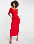 Asos Design Off The Shoulder Plunge Detail Midaxi Dress In Red