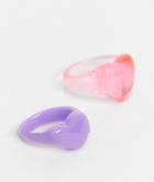 Asos Design Pack Of 2 Rings In Heart Design In Pink And Purple Plastic-multi