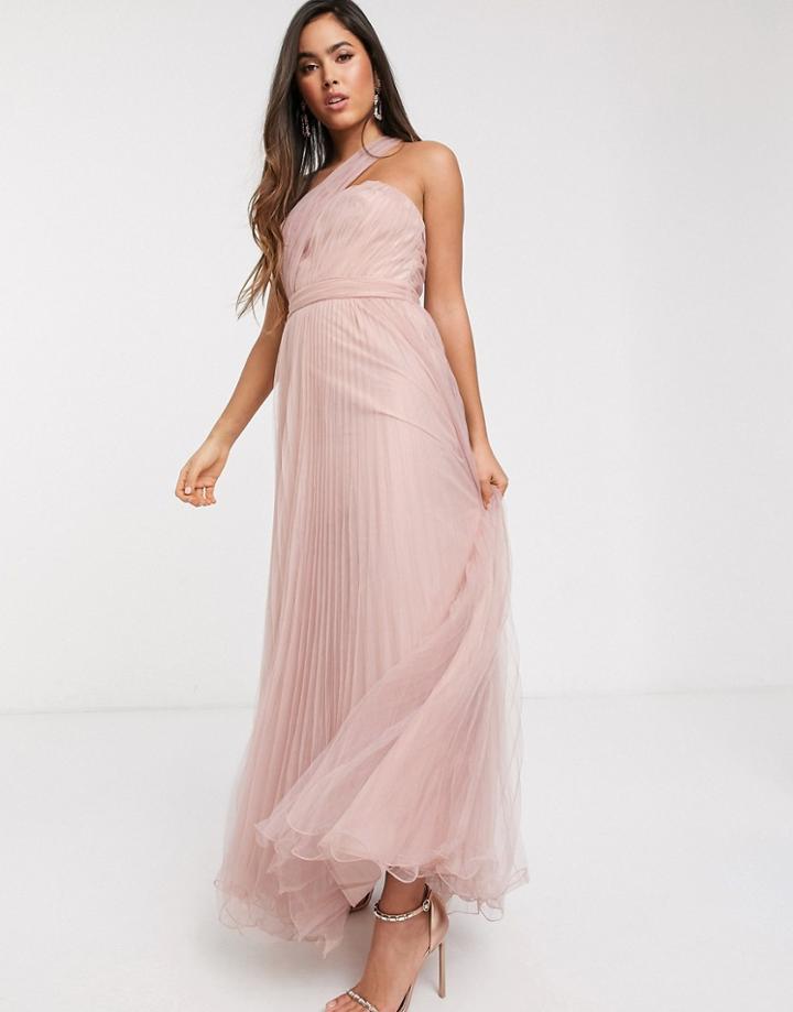 Asos Design One Shoulder Tulle Wired Hem Maxi Dress In Mink-pink