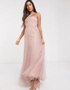 Asos Design One Shoulder Tulle Wired Hem Maxi Dress In Mink-pink