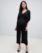 Asos Design Maternity Kimono Sleeve Jumpsuit With Wrap And Culotte Leg - Black