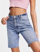 Monki Bea Cotton Blend Longline Denim Shorts In Mid Wash - Mblue-blues