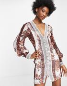 Asos Design Blouson Sleeve Mini Dress With Lace And Button Detail In Mixed Floral Print-multi
