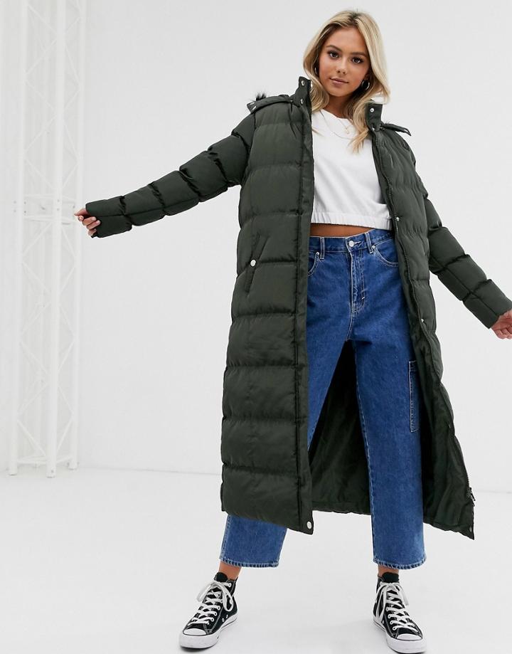 Brave Soul Hopma Longline Puffer Jacket With Faux Fur Trim Hood-green