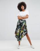 Asos Satin Pleated Midi Skirt In Camo Print - Multi