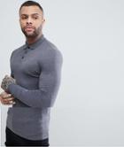 Asos Design Longline Muscle Fit Jersey Long Sleeve Polo - Gray