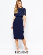 Frock And Frill Embellished Overlay Pencil Dress With Open Back And Split - Navy