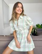 Asos Design Mini Shirt Dress With Puff Sleeves In Pastel Check-multi