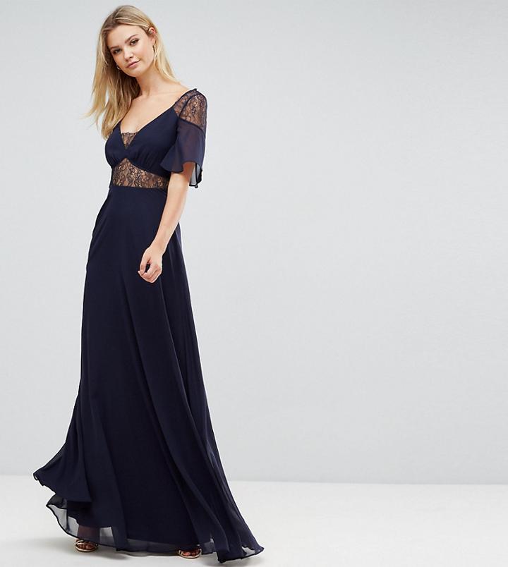 Asos Tall Lace Insert Flutter Sleeve Maxi Dress - Blue