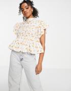 Asos Design Short Sleeve Floral Top With Pintucks And Lace Insert In White-multi