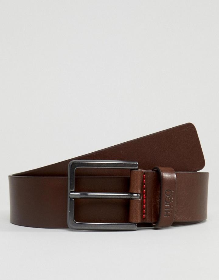 Hugo Logo Keeper Leather Belt In Brown - Brown