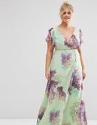 Asos Curve Frill Wrap Maxi Dress With Hydrangea Print - Multi
