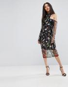Ax Paris T-bar Long Sleeve Embroidered Floral Choker Dress With 3/4 Mesh Sleeves - Black
