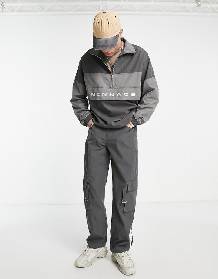 Mennace Baggy Cargo Pants In Washed Black With Strap Details And Patch Pockets-gray