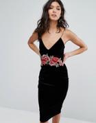 Club L Cami Midi Velvet Dress With Rose Embroidered Detail - Black