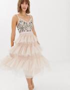 Needle & Thread Embroidered Tiered Tulle Midi Dress In Rose - Pink