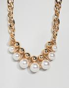 Asos Design Statement Necklace With Large Pearls And Chunky Chain In Gold - Gold
