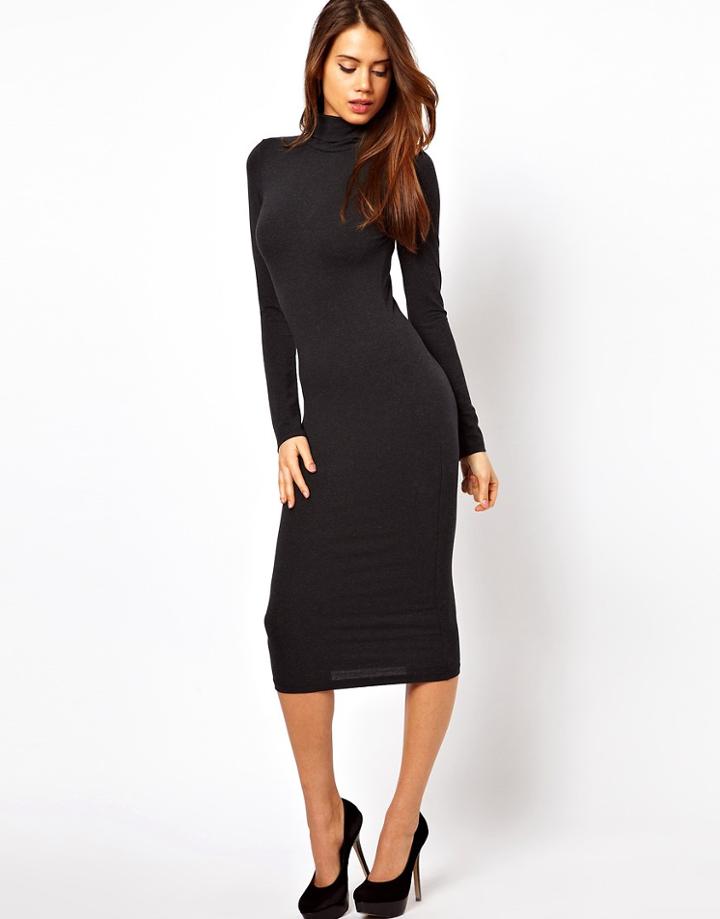 Asos Midi Bodycon Dress With Poloneck And Long Sleeves - Black