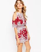 Asos Cold Shoulder Romper In Placed Mosaic Print - Multi