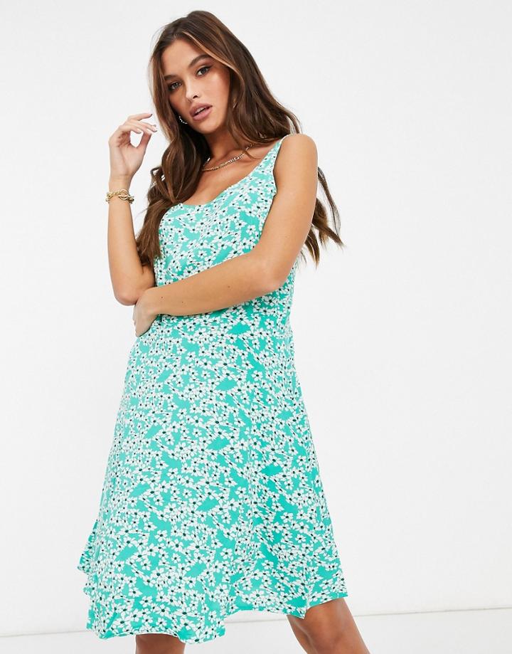 Jdy Mini Skater Dress With Shirred Back Detail In Mint Green Daisy Print