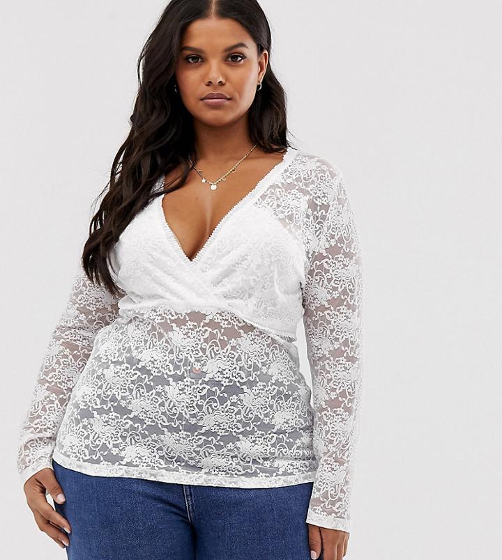 Wild Honey Plus Long Sleeve Lace Top-white