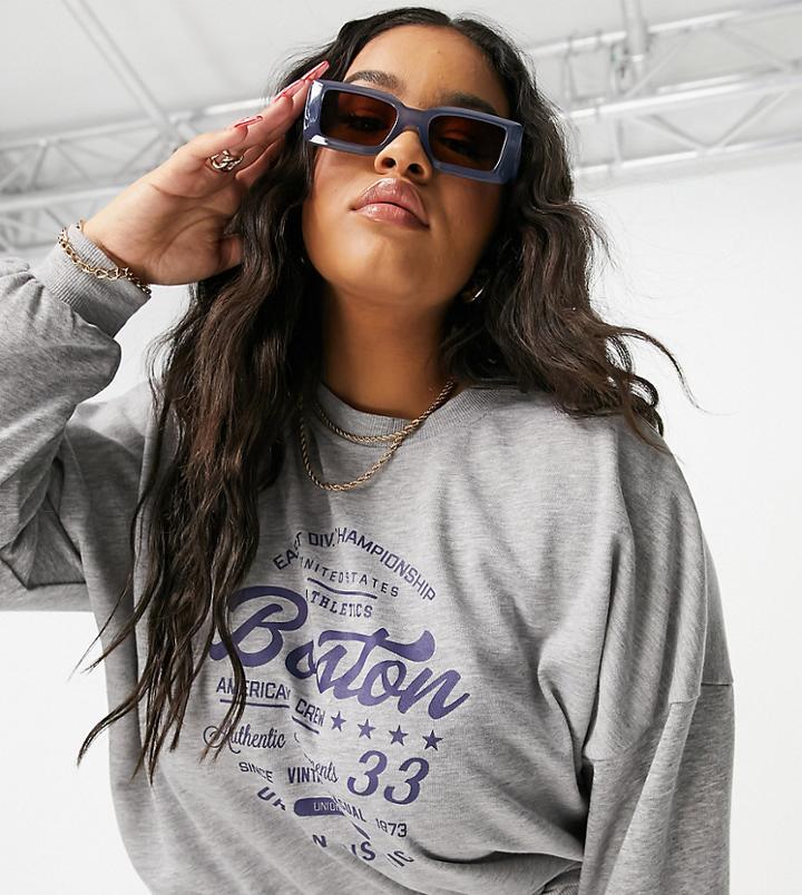 Noisy May Curve Sweater With Collegiate Boston Motif In Gray-grey