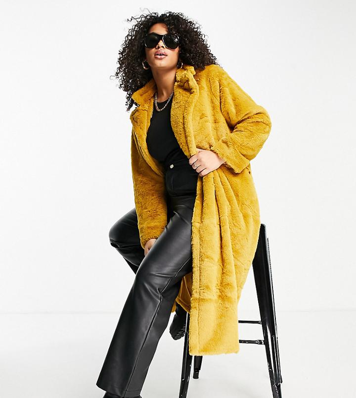 Missguided Plus Longline Faux Fur Coat In Mustard-yellow