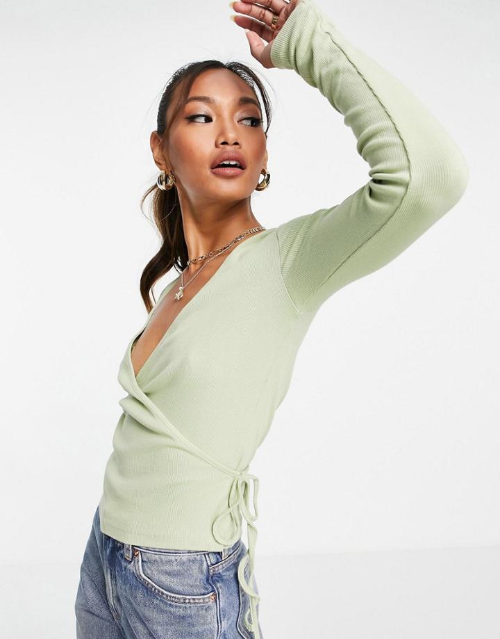 Envii Ally Long Sleeve V Neck T-shirt In Faded Green-white