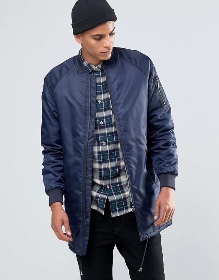 !solid Longline Padded Bomber - Navy