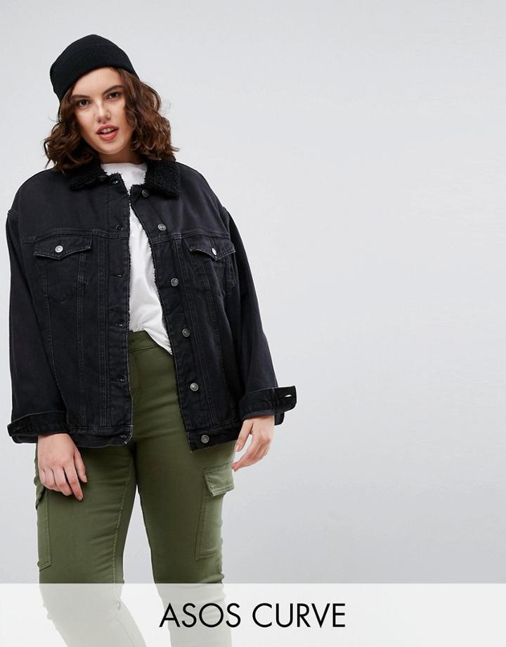 Asos Curve Denim Borg Jacket In Washed Black - Black