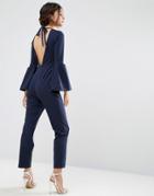 Asos Jumpsuit With Bell Sleeves And Cut Out Back - Navy